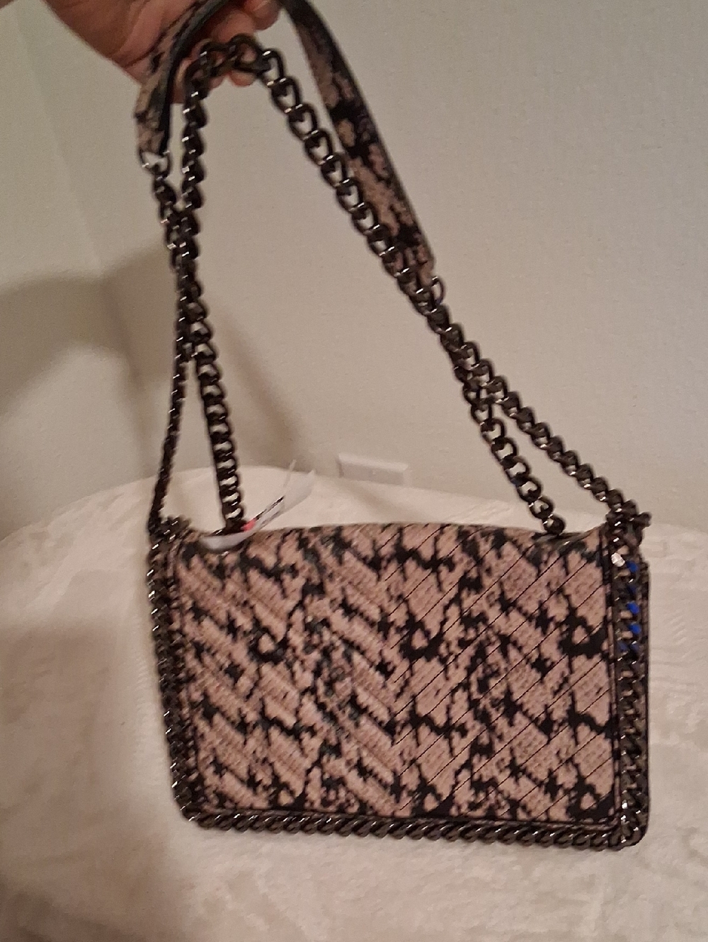 Aldo Beige and Black Snake-Print Quilted Chain Shoulder Bag
